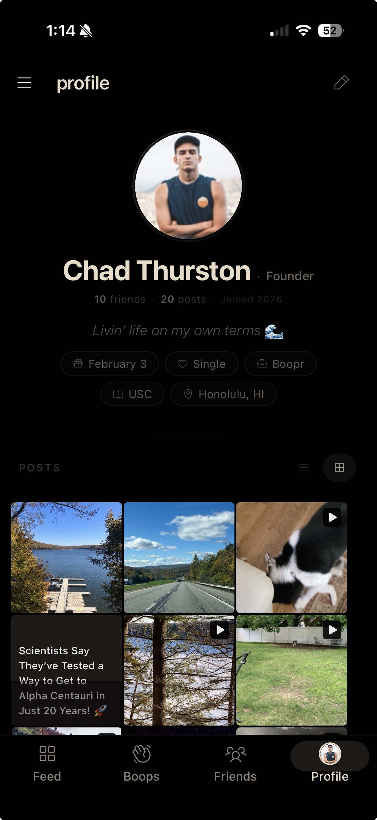 boopr profile screen with bio and post grid
